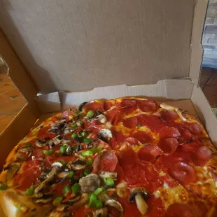 Whole pepperoni half mushrooms and green peppers