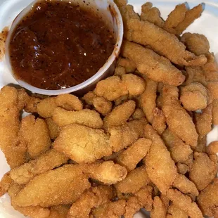 Fried Clam Strips with homemade cocktail sauce(the best I've EVER had)