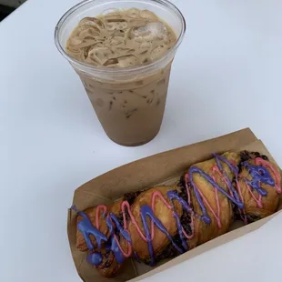 a donut and iced coffee