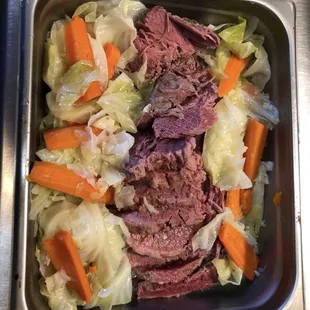 Monday specials are 'Sunday dinner' specials like this corned beef with cabbage and vegetables.