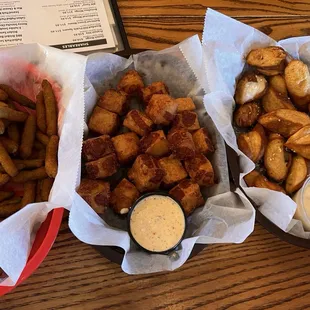Fried green beans, cheese curds, pretzels