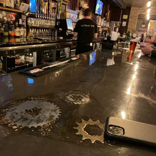 a dirty bar counter