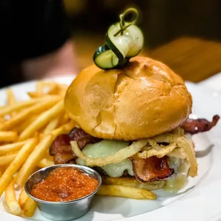 Cowboy burger, bacon ketchup and fries.