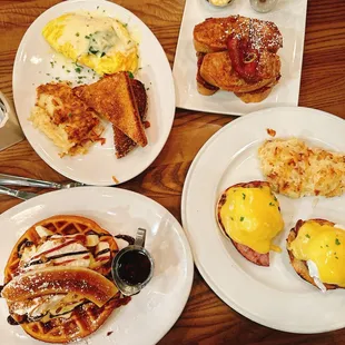 Brunch! Veggie omelette, French toast, eggs Benedict, banana cream waffle