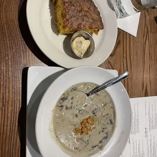 Mushroom soup and slice of cornbread