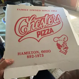 a person holding a box of pizza