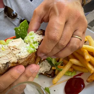 French Fries Chicken Salad on Raisin Walnut Toast