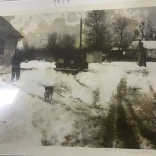 a man and his dog in the snow