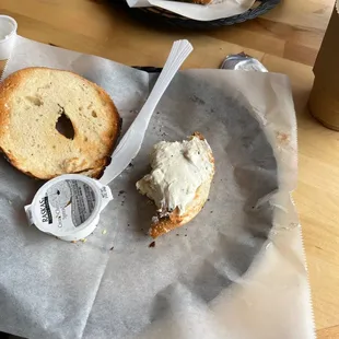Everything bagel with cream cheese and bacon egg and cheese bagel