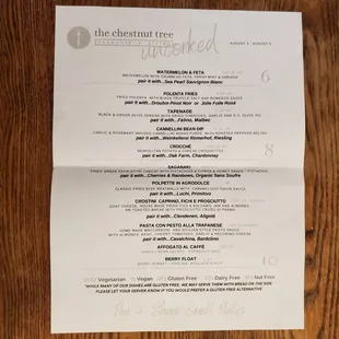 Dinner menu on  Thursday August 4th