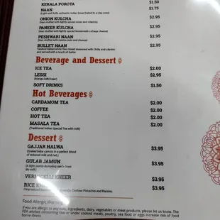 a menu for indian cuisine