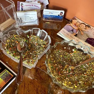 Found near the entrance, chew some after your meal to refresh your mouth! Has a sweet licorice flavor to it