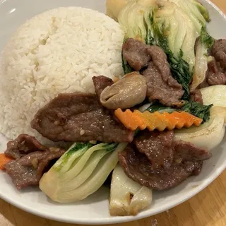 177. Tender Greens with Beef over Rice Plate