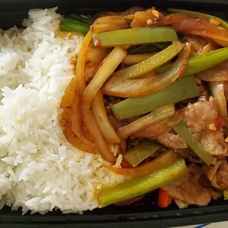 179. Mongolian Beef over Rice Plate