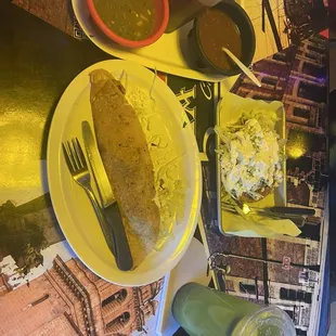 Mushroom quesadilla and carne asada sope with cucumber water