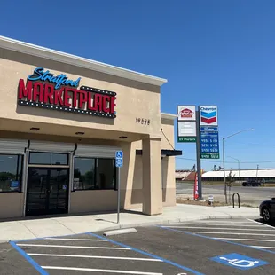 the entrance to a restaurant