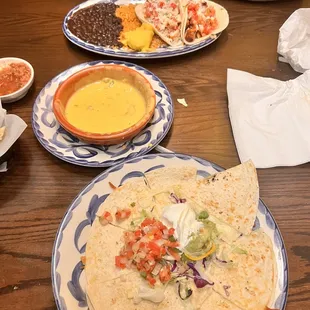 Chickeb tacos, chile con queso, cheese quesadillas