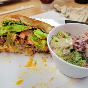 Southern burger with broccoli salad