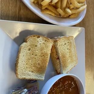 Pimento cheese sandwich, Granny&apos;s soup (beef and vegetable), and French fries. The sandwich and soup were great!