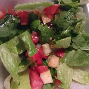 Simple side salad. Romaine with cubed tomatoes and cucumbers