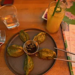 a plate of food and a drink