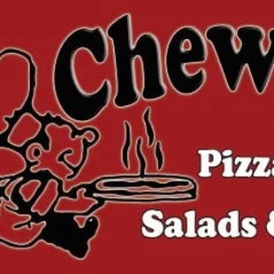 the logo for chewy's pizza, subs, salads and more