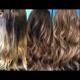 She went from over bleached to tri color weave back to a lighter Balayage