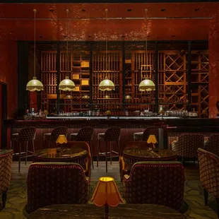 a bar with red walls