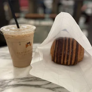 Iced Honeybun Latte and chocolate croissant
