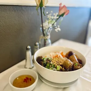 Vermicelli with Grilled Pork and Egg Rolls