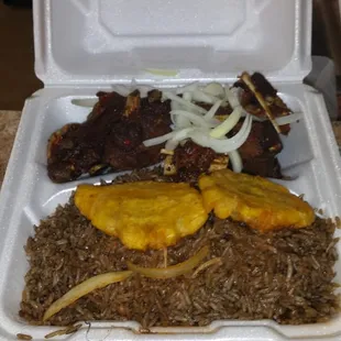 Fried turkey, rice and fried plantains. $10.00 meal