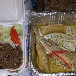 Snapper, boiled plantain, rice and salad. $16.00 meal. It dependson the size of the fish.