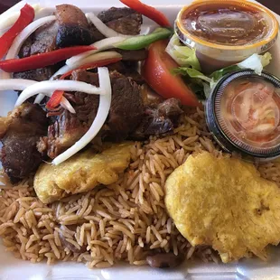 a plate of food with rice and meat