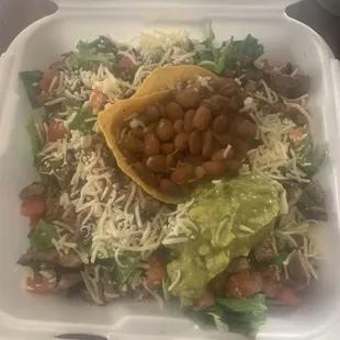 Tortilla Salad with Steak. Pinto beans on request instead of Black beans