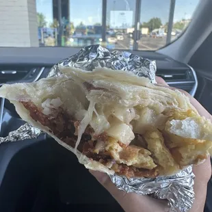 Egg, Potato, Cheese, Green Chile and Bacon Breakfast Burrito