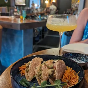 Spicy Yellowtail tacos, with crispy, shredded sweet potatoes on the side