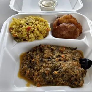 Legume (foreground); sides of rice and plantains in the back.