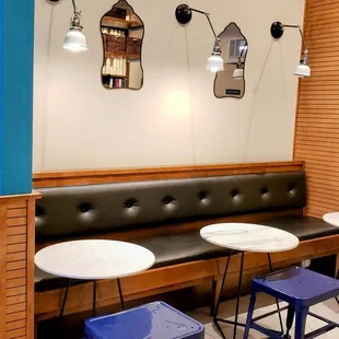 tables and benches in a restaurant