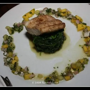Roasted Mahi-Mahi with garlic spinach and mango cucumber vinaigrette
