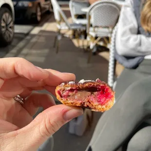 Inside of the chocolate raspberry eclair