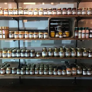 Assortment of sauces, james, pickles, etc