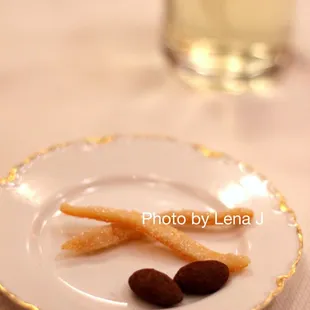 Final bites: candied citrus peel and chocolate almonds ($175 restaurant menu)