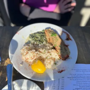 Black pepper salmon, spinach (yummy) and rice