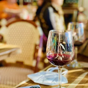 a glass of wine on a table