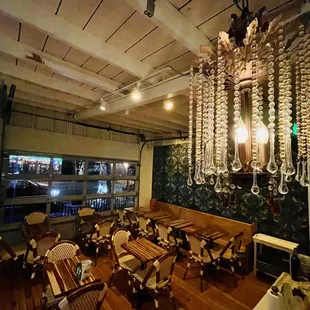 a dining room with a chandelier