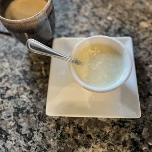 Grits and oat milk latte