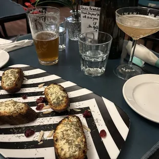 Goat Cheese Toast, IPA, and French martini