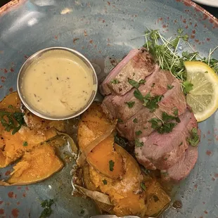 Duck with mustard sauce, very good.