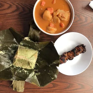 Amok, chicken curry, and chicken skewer