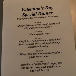 Valentine's Day menu